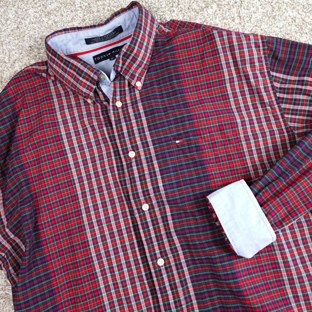 Tommy Hilfiger Mens XL Plaid Button Down Shirt Red Green Blue Long Sleeve Cotton